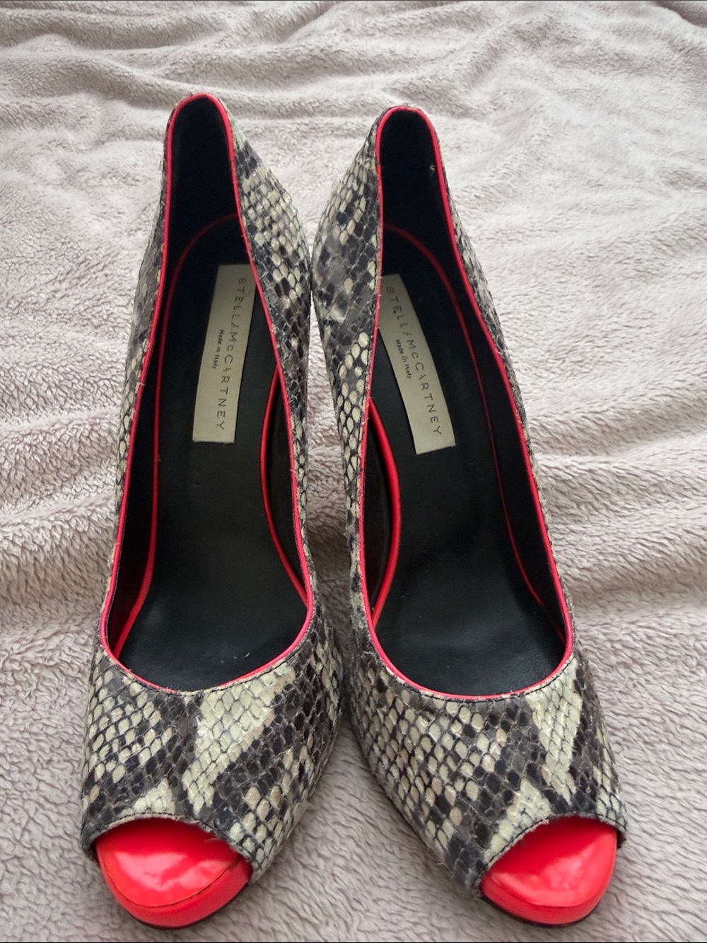 Stella McCartney Snake-Print Peep-Toe Pumps with pink Trim